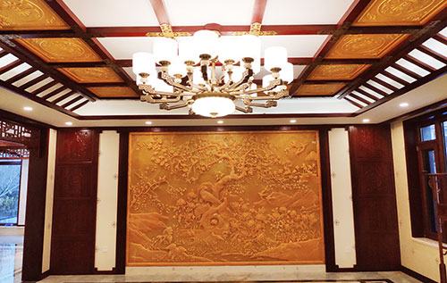 厚街镇中式别墅客厅中式木作横梁吊顶装饰展示